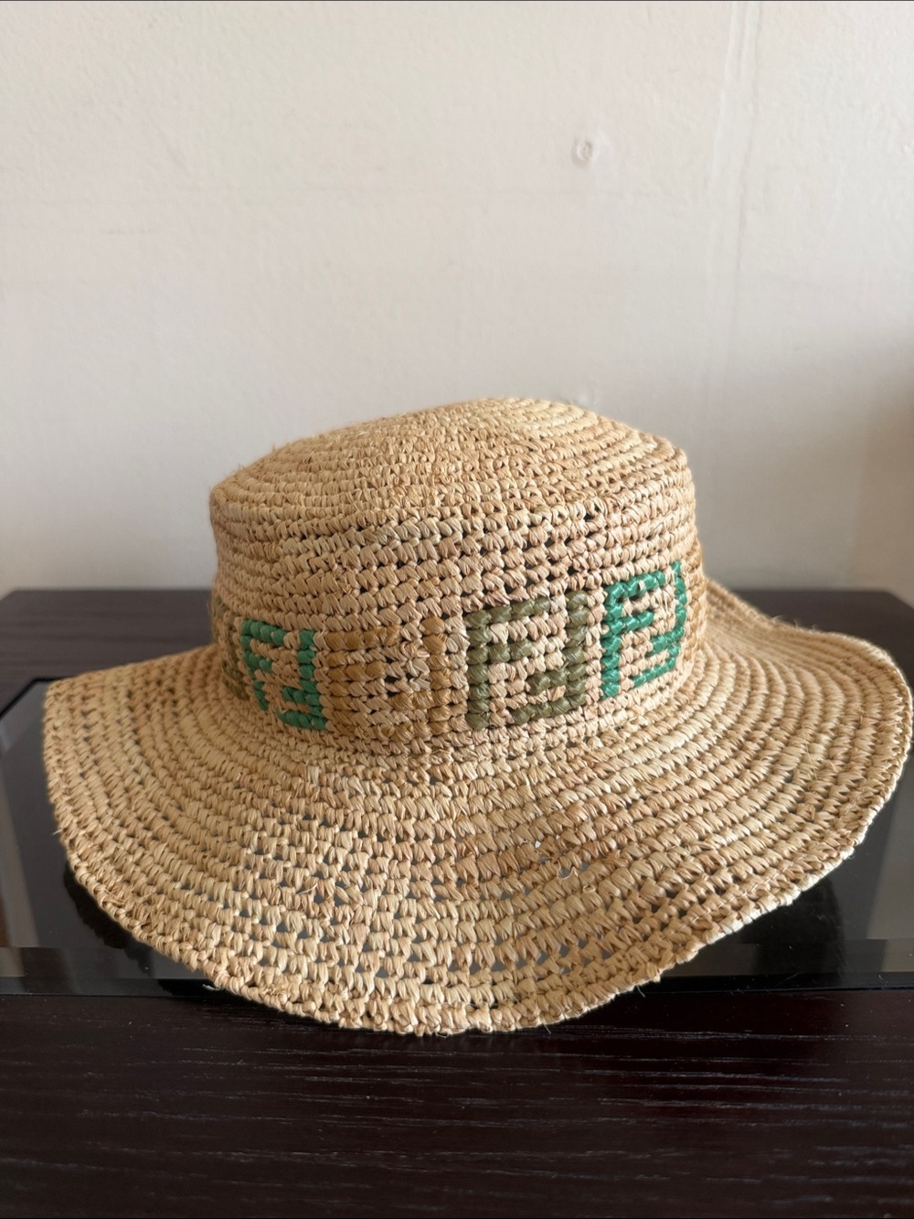 Fendi Natural Straw Bucket Hat with Green Logo Motif
